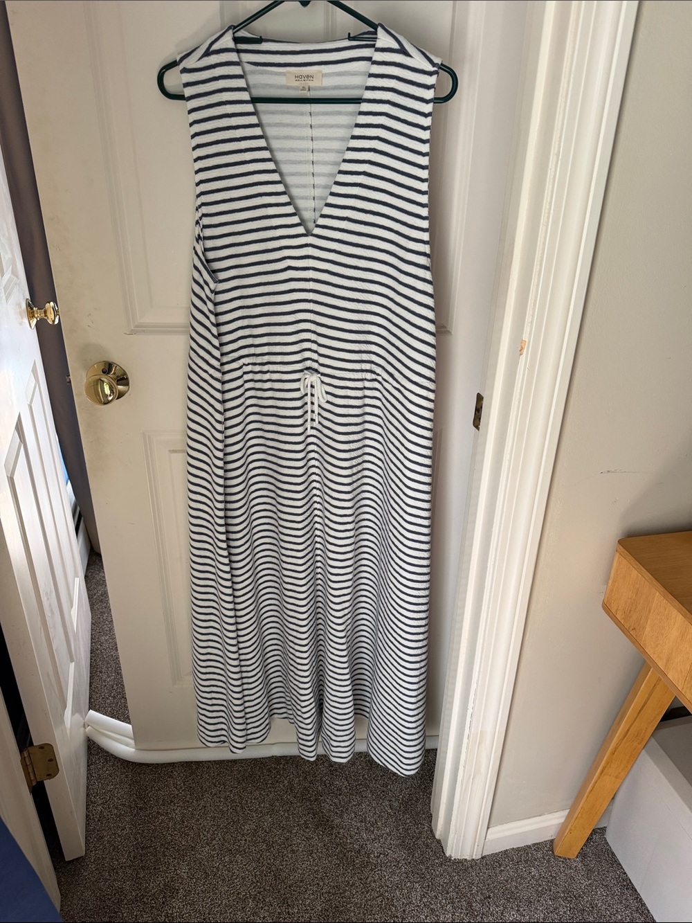 Sleeveless Striped V-Neck Maxi Dress — White & Navy